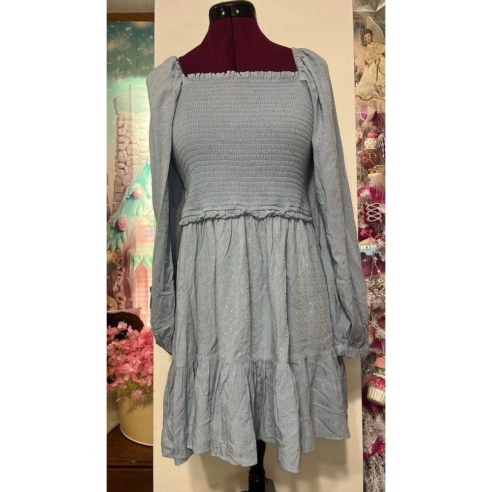 1.STATE Smocked Mini Dress Women L Blue Good Swiss Dot Puff Sleeve Tiered